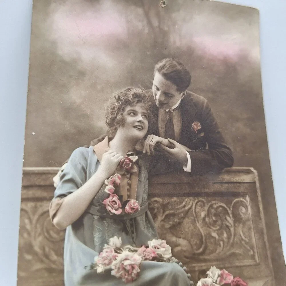 Vintage French Postcard Romantic Couple Floral Accents Handwritten 1919 Paris Ch